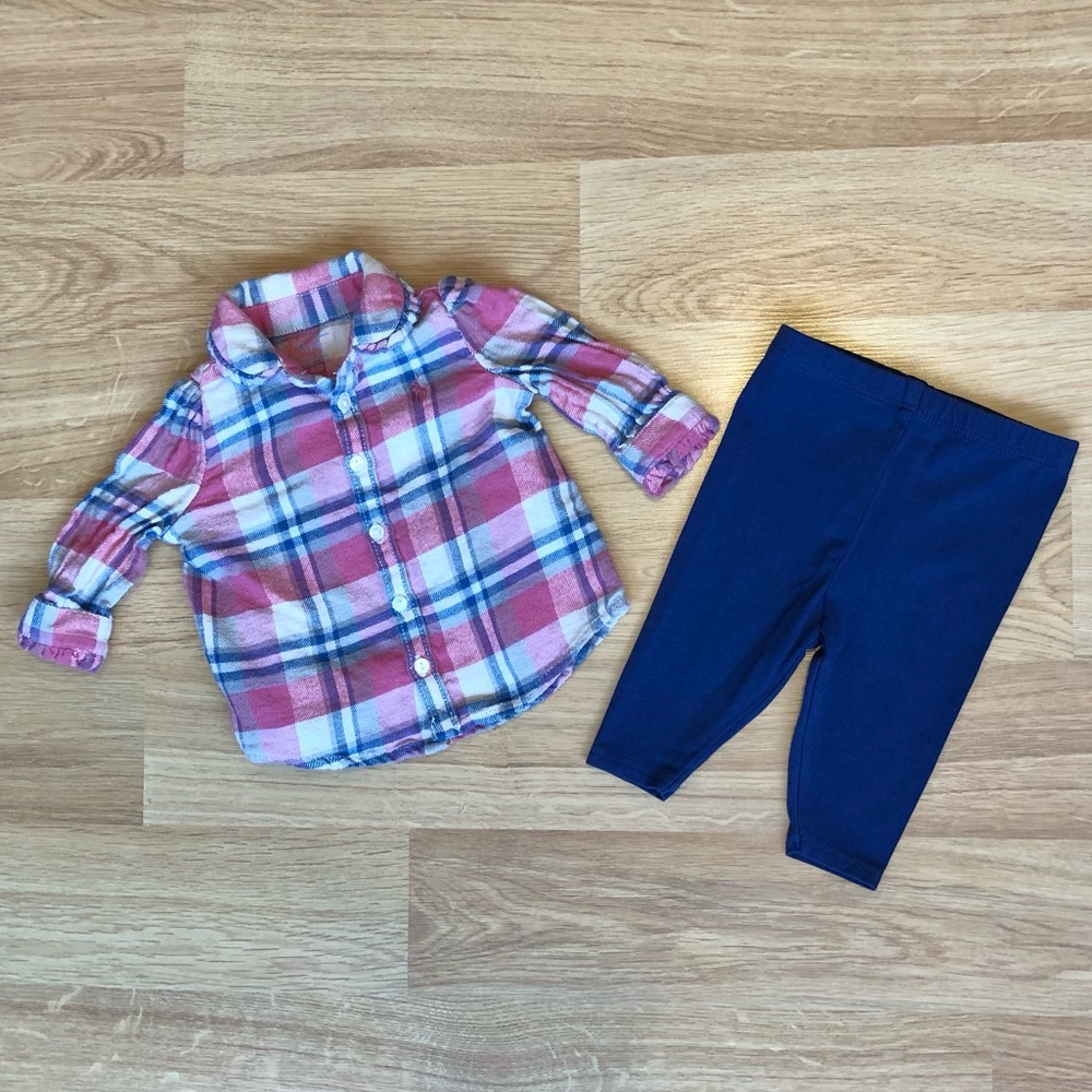 EUC Ralph Lauren Baby Girl Two Piece Set-Plaid Collared Shirt + Blue Leggings